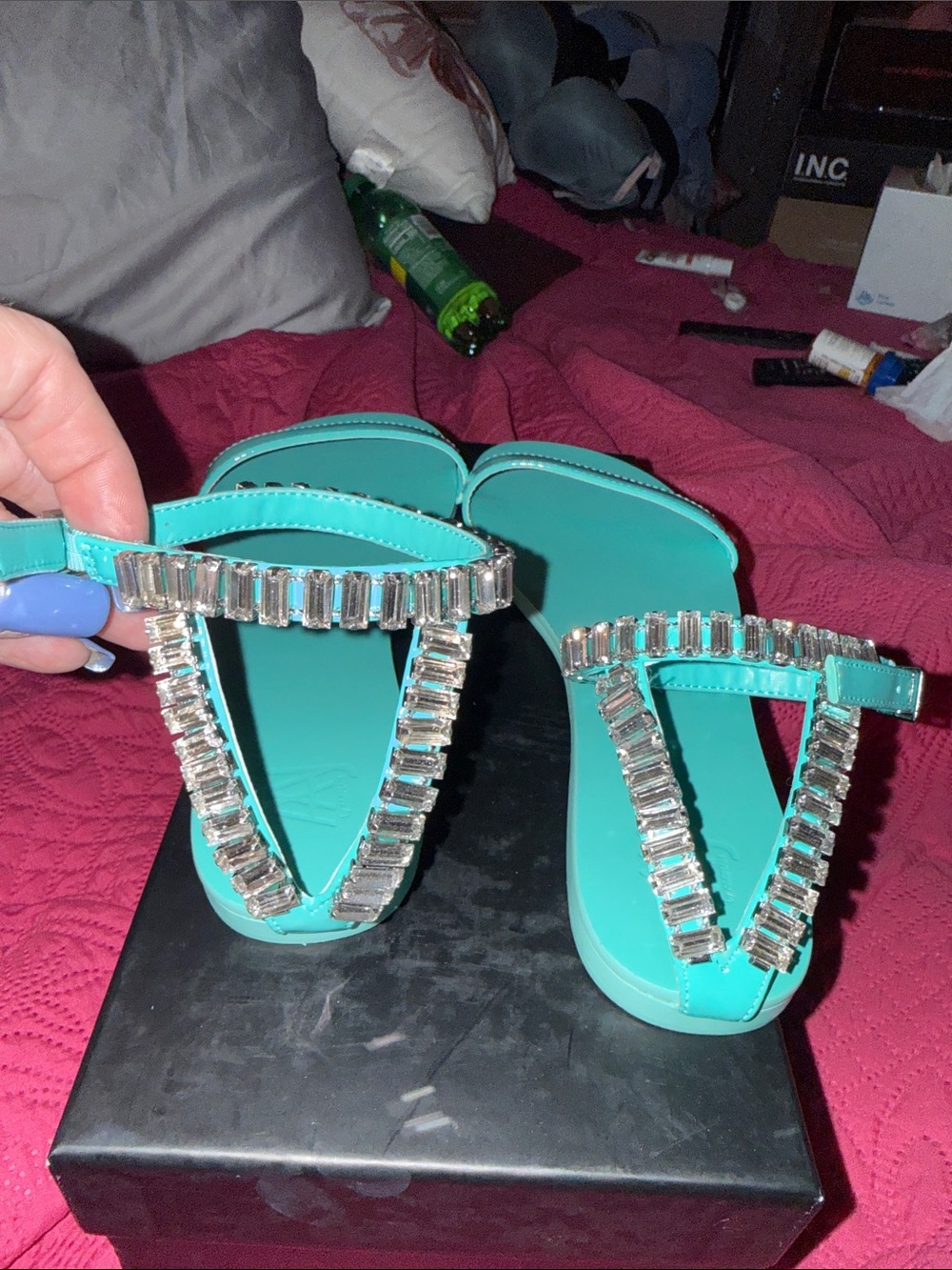 Turquoise Jeweled Ankle-Strap Women's Sandals - Picture 2 of 3